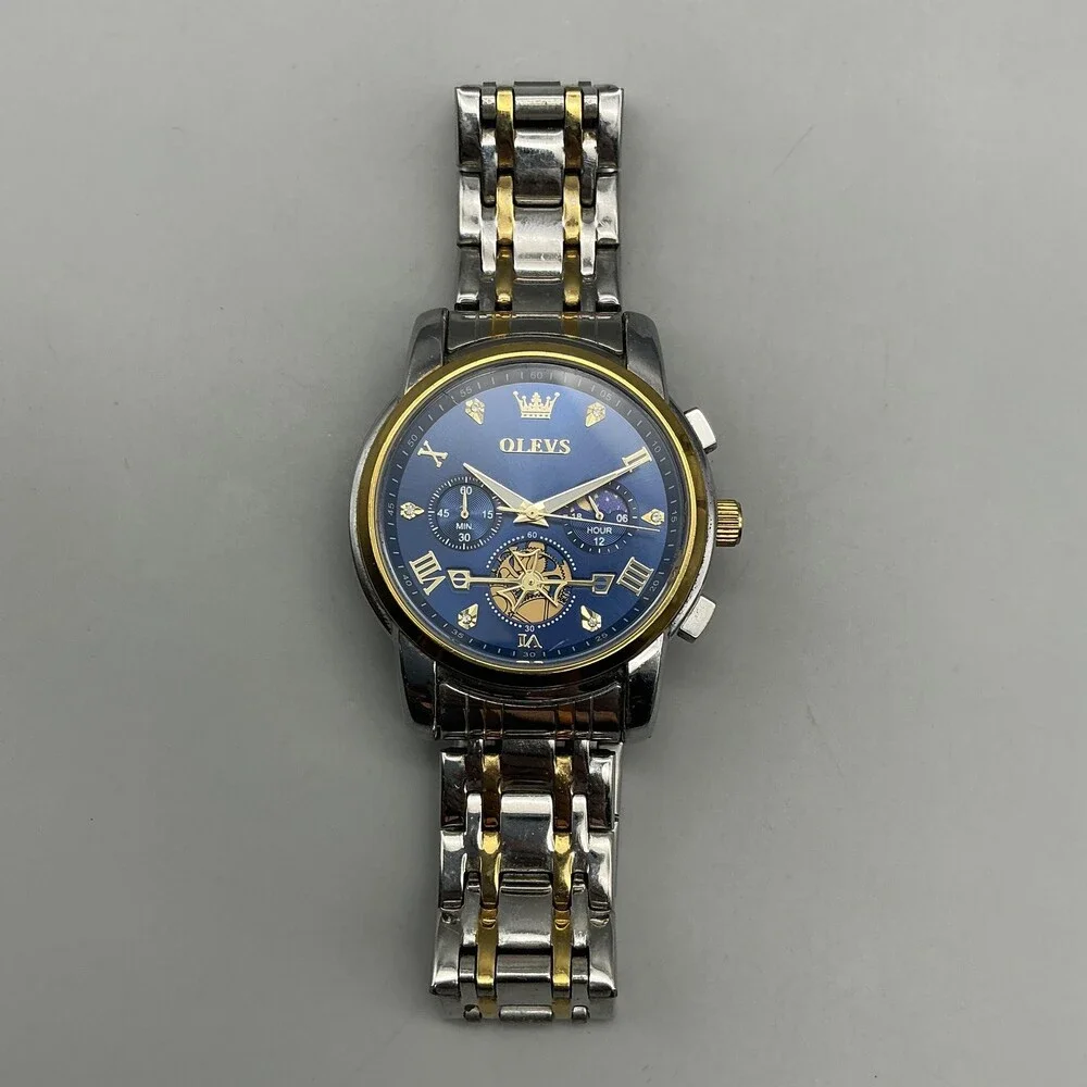 OLEVS 2856G Mens Watch 41mm Blue Dial Two Tone Chronograph New Battery 8.75
